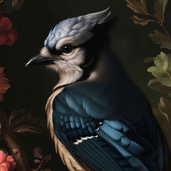 Blue Jay Floral Dutch Framed Canvas Art Print