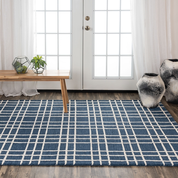 Blue and Ivory Grid Lofton Wool Area Rug, 5x7