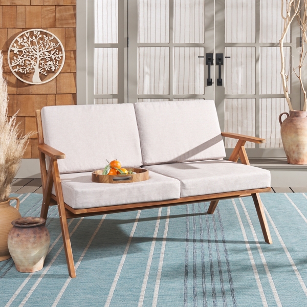 Gray Upholstered Acacia Wood Outdoor Loveseat