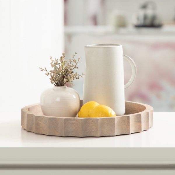 Natural Wood Fluted Lissi Round Serving Tray