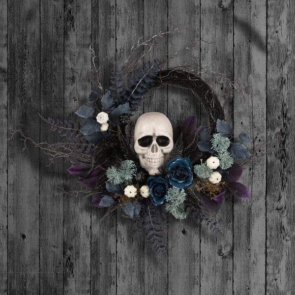 Blue Floral Mix Skull Wreath