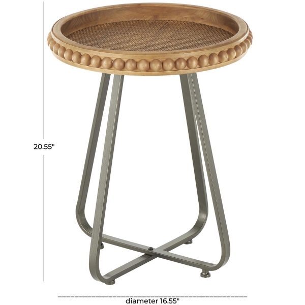 Beaded Wood Rattan Round Accent Table