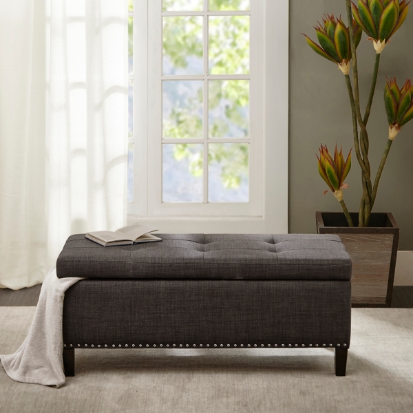 Black Linen Button Tufted Storage Bench