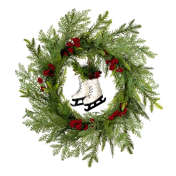 Winter Skates Christmas Wreath with Red Berries