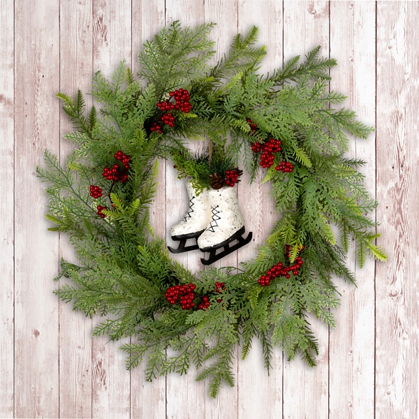 Winter Skates Christmas Wreath with Red Berries