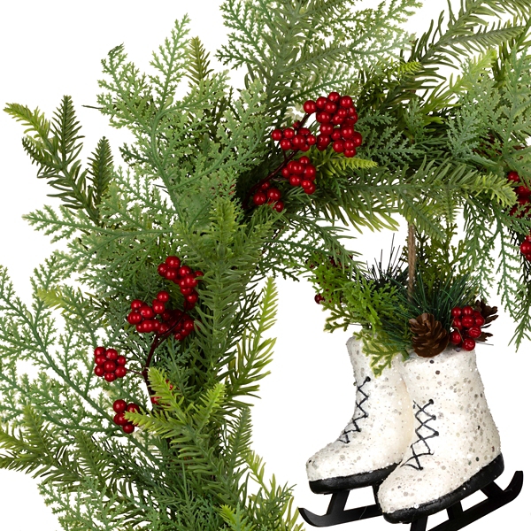 Winter Skates Christmas Wreath with Red Berries