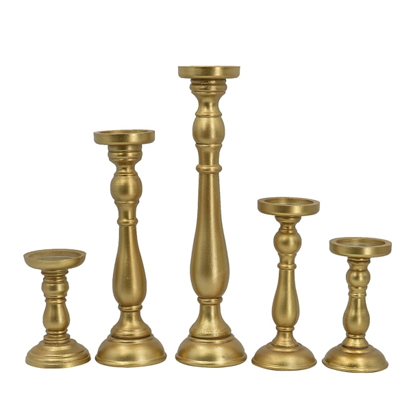 Gold Wood Spindle Taper Candle Holders, Set of 5