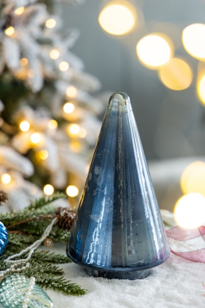 Blue Glass Cone Shaped Christmas Tree, 10 in.