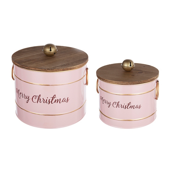 Pink Iron Merry Christmas Lidded Baskets, Set of 2