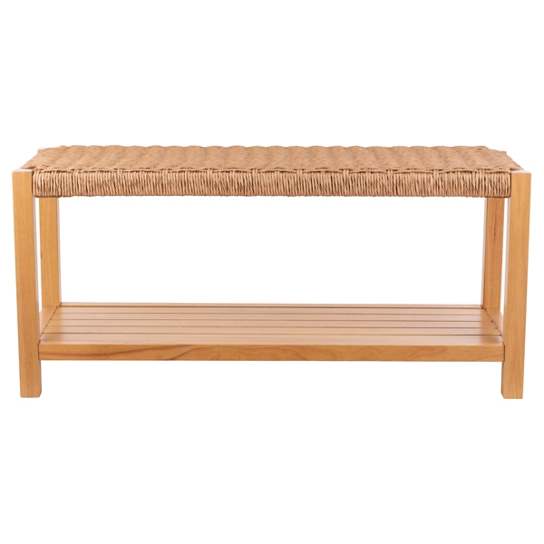 Newport Natural Wood and Rattan Bench with Shelf