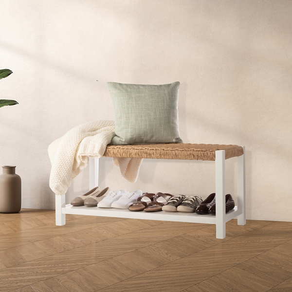 White Newport Wood and Rattan Bench with Shelf