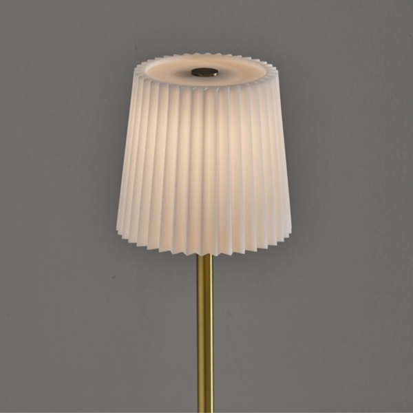 Gold Metal Cordless Lamp with White Pleated Shade