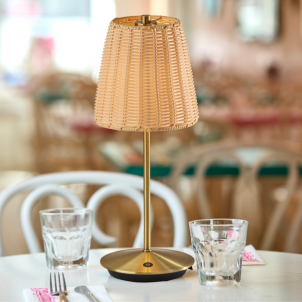 Brass Metal Rattan Shade Cordless Table Lamp