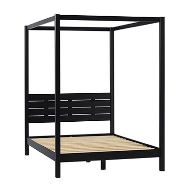 White Boucle Upholstered Black Canopy Queen Bed
