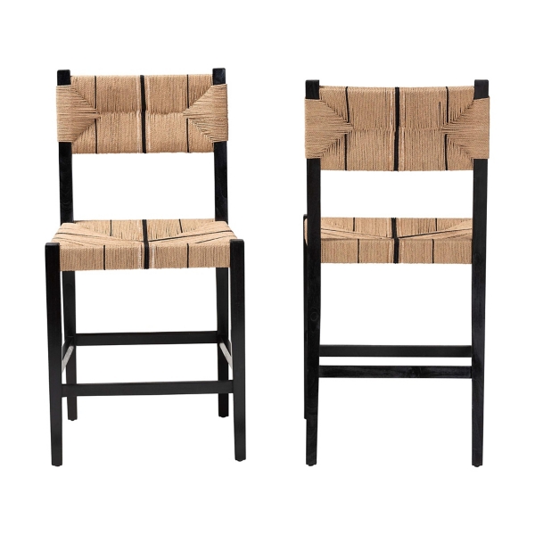 Black Wood Woven Prita Counter Stools, Set of 2