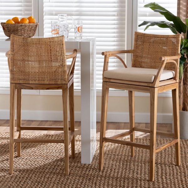 Natural Rattan & Teak Wood 2-pc. Bar Stool Set