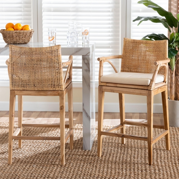 Natural Rattan & Teak Wood 2-pc. Counter Stool Set