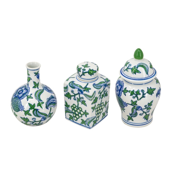 Green & Blue Botanical Porcelain Jars, Set of 3