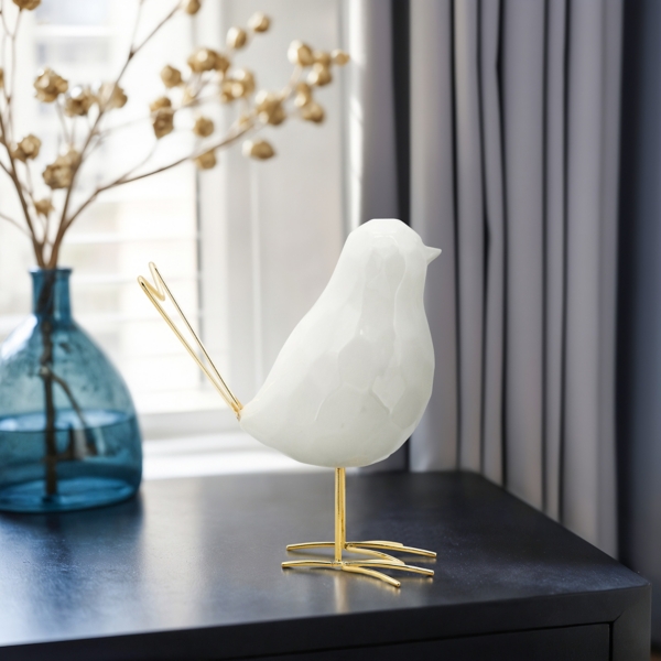 White Ceramic Bird with Gold Legs Figurine