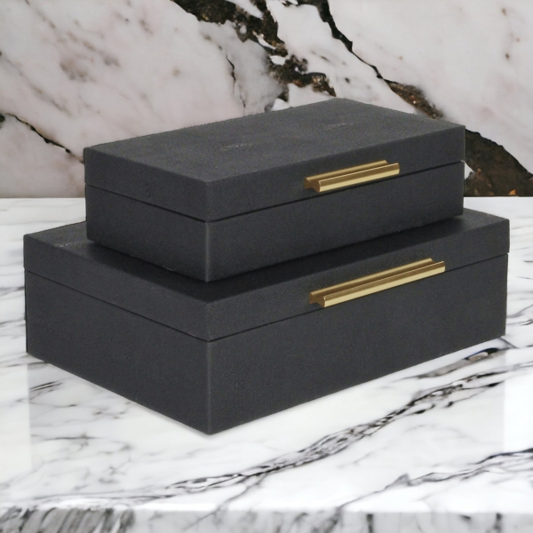 Black Faux Shagreen Decorative Boxes, Set of 2