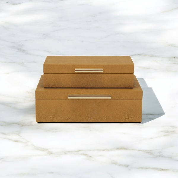 Camel Rectangle Faux Shagreen Boxes, Set of 2