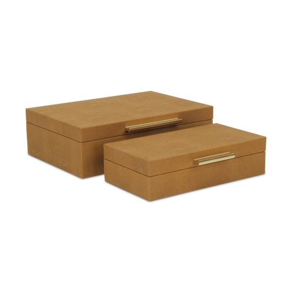 Camel Rectangle Faux Shagreen Boxes, Set of 2