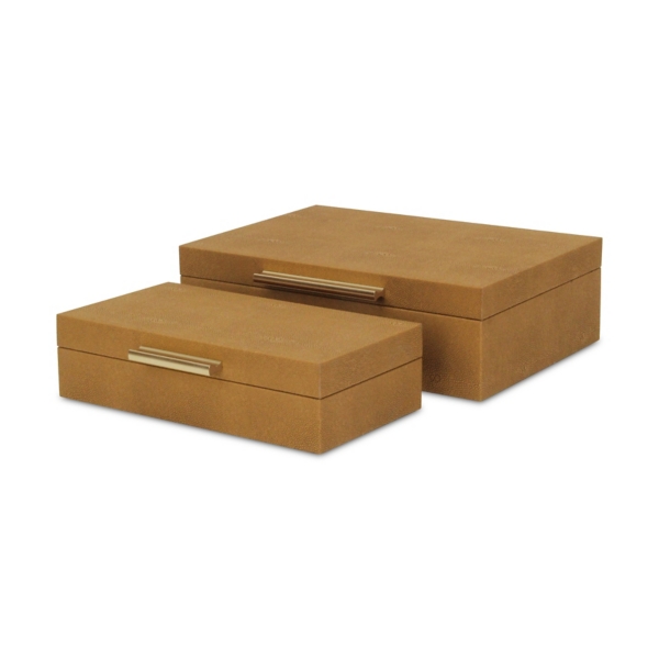 Camel Rectangle Faux Shagreen Boxes, Set of 2