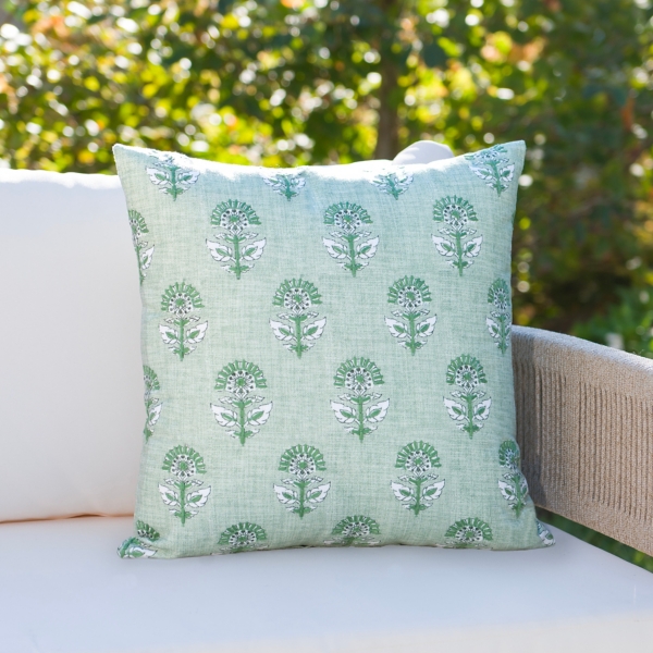 Green Floral Embroidered Outdoor Accent Pillow