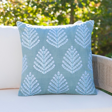 Blue Floral Embroidered Outdoor Accent Pillow