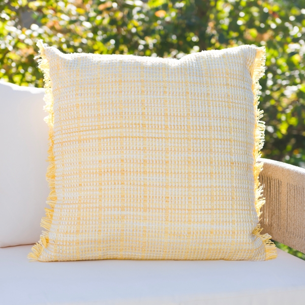 Yellow Tweed Fringe Outdoor Accent Pillow