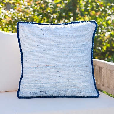 Blue Floral Embroidered Outdoor Accent Pillow