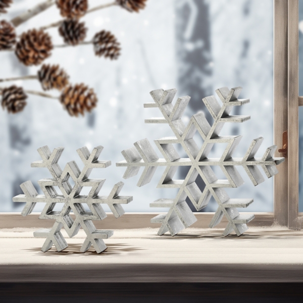 Antique Silver Wooden Snowflakes, Set of 2