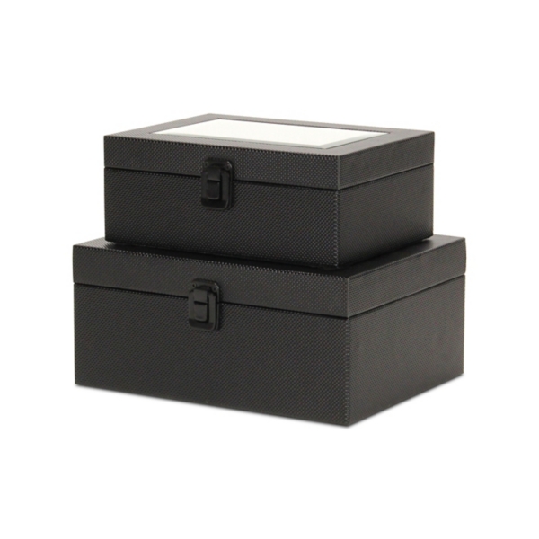 Black Woven Vinyl Mirrored Boxes, Set of 2