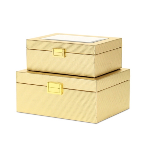 Gold Woven Vinyl Mirrored Boxes, Set of 2