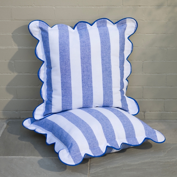 Blue Stripes Scalloped Outdoor Pillows, Set of 2