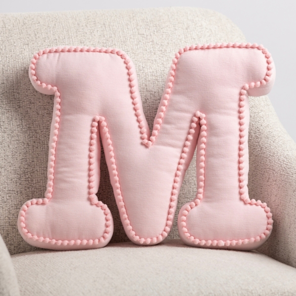 Pink Monogram M Shaped Pom Pom Pillow