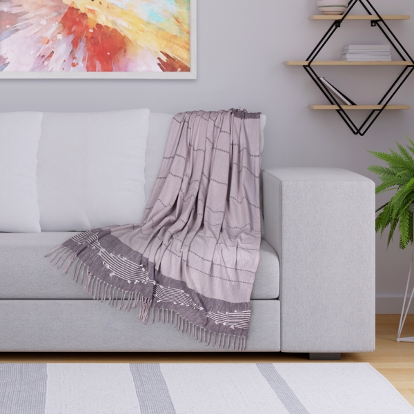 Light Gray Slub Striped Tassel Throw