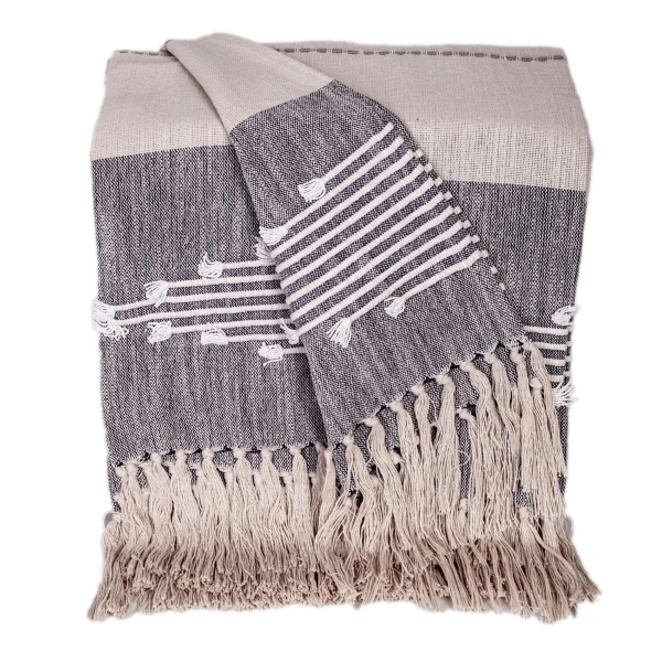 Dark Gray Slub Striped Tassel Throw