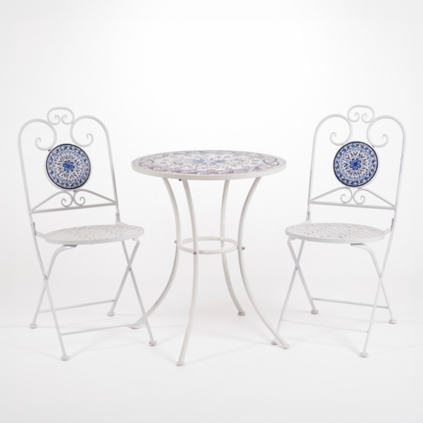 White and Blue Mosaic 3-pc. Outdoor Bistro Set