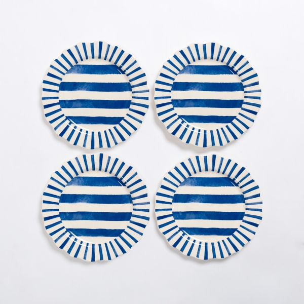 Blue Stripe Scalloped Salad Plates, Set of 4