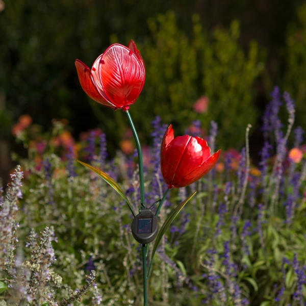 Red Glass Flower Outdoor Solar Yard Stake