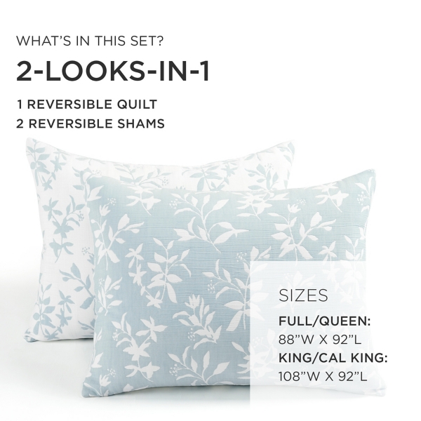 Blue Floral Reversible 3-pc. King Quilt Set