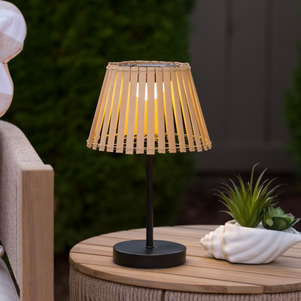 Black Iron & Bamboo Shade Outdoor Solar Table Lamp