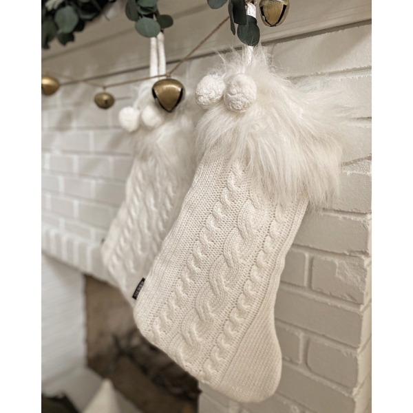 White Cable Knit Stockings with Fur Trim, Set of 2