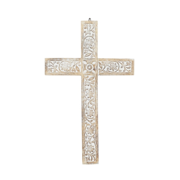 Floral Carved Wood Cross Wall Plaque