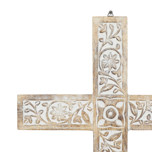Floral Carved Wood Cross Wall Plaque