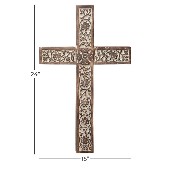 Floral Carved Wood Cross Wall Plaque