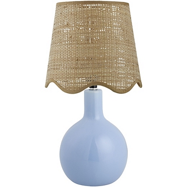 Blue Ceramic Mini Lamp with Scalloped Rattan Shade
