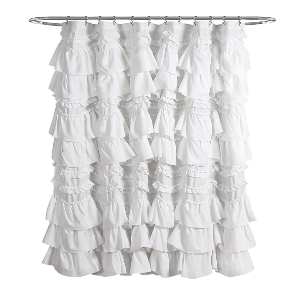 White Ruffle and Pom Pom Trim Shower Curtain | Kirklands Home