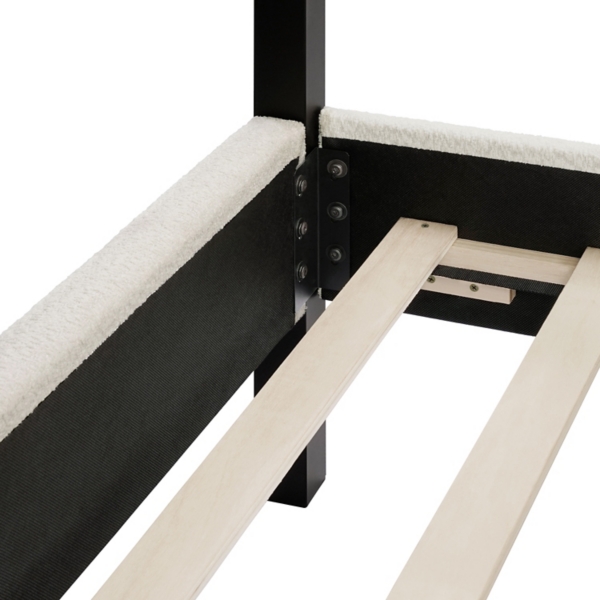 White Boucle Upholstered Black Canopy Queen Bed